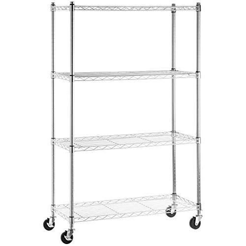 AmazonBasics 4-Shelf Shelving Storage Unit on 3'' Wheel Casters, Metal Organizer Wire Rack, Chrome Silver (36L x 14W x 57.75H)