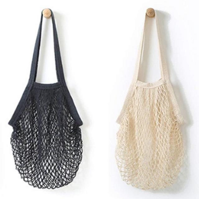 Flyou OTHER 11 2Pcs Portable Reusable Mesh Cotton Net String Bag Organizer Shopping Tote Handbag Fruit Storage Shopper New (Black,Beige), 5L