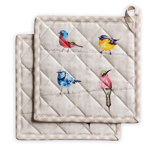 Maison d' Hermine Birdies on Wire 100% Cotton Set of 2 Pot Holders with Loop Heat Resistant for BBQ | Cooking | Baking | Grilling | Microwave | Barbecue | Spring/Summer (8 Inch by 8 Inch).