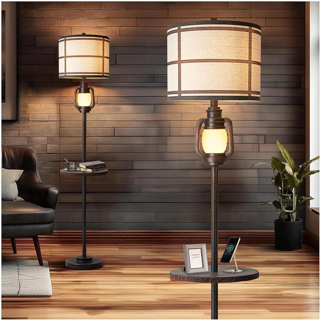 Rustic Farmhouse Metal Tray Floor Lamp For Living Room With Nightlight Vintage Tall Lamp With Linen Fabric Shade Industrial Standing Lamp For Bedroom Office Home House Study (LED Bulb Included)