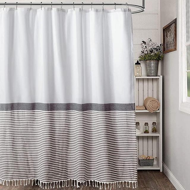 Estmy Turkish Cotton Shower Curtain + 10G Heavy Duty PEVA Shower Curtain Liner + 12 PCS Rust-Proof Metal Shower Hooks Set, Modern Farmhouse Shower Curtain Boho Tassel Bathroom Decor (72x72, Taupe)