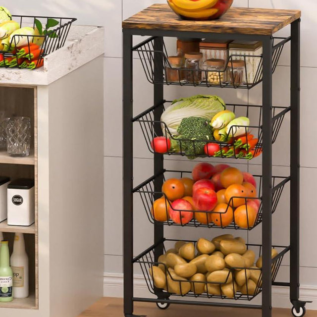 Tigerden Fruit Vegetable Storage Cart for Kitchen, 5-Tier Vegetable Stand Rack with Pull-Out Fruit Baskets, Rolling Snack Cart with Wood Top & Banana Holder for Pantry, Living Room, Bathroom, Black