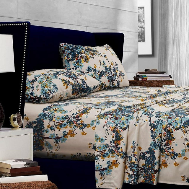 Tribeca Living King Bed Sheet Set, Soft Cotton Sateen Printed Sheets Floral Print, Extra Deep Pocket, 300 Thread Count, 4-Piece Bedding Sets, Casablanca/Multi