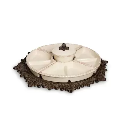 The GG Collection Cream Ceramic Lazy Susan Crudite with Acanthus Leaf Metal Base