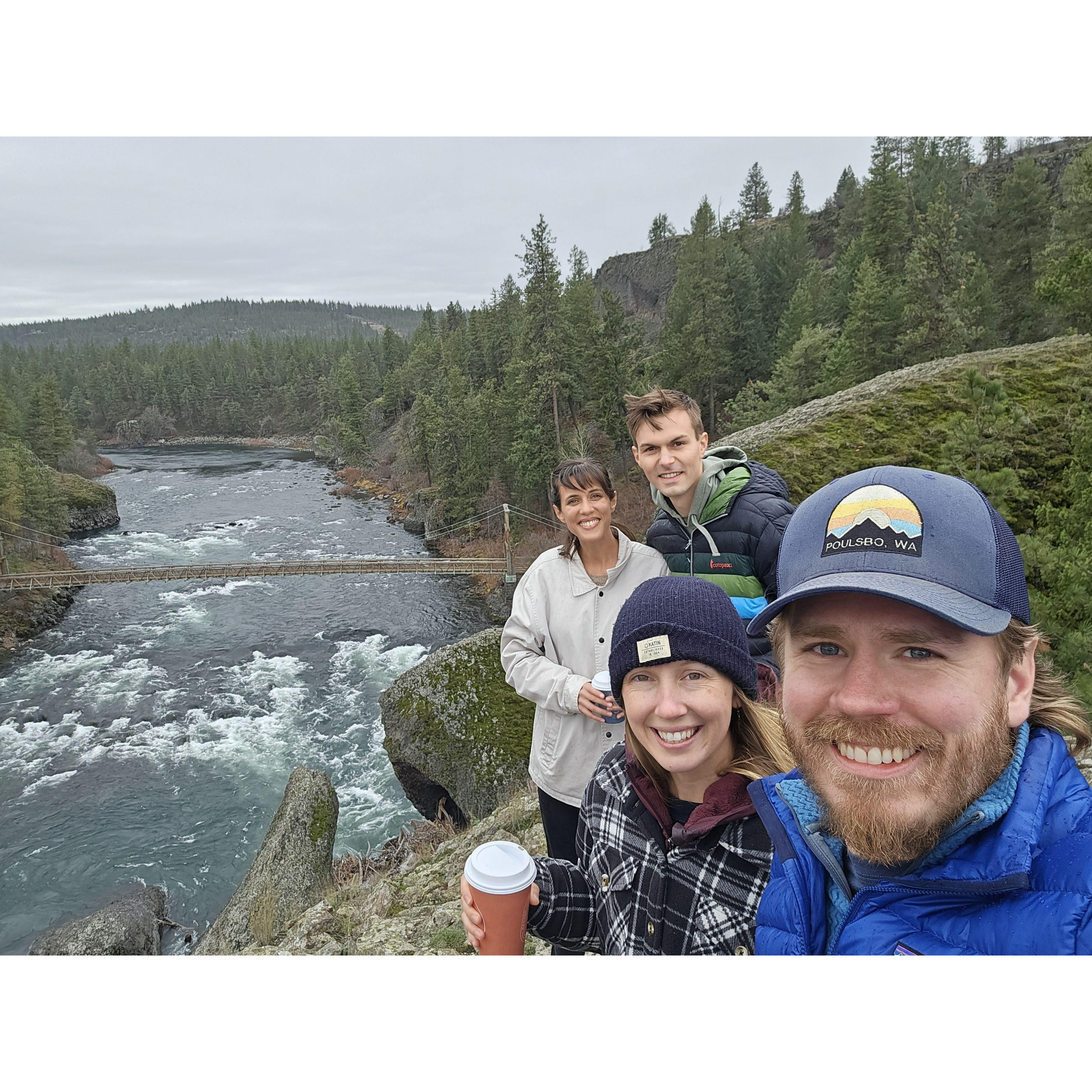 Connecting with our inner Lewis and Clark in Spokane with the Harringtons. Sierra did not have proper outdoor wear. Sierra became an ice sculpture. Ariel donated her jacket to thaw Sierra.