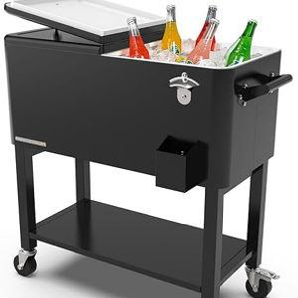 Permasteel Party Cooler with Divider, Removable Basin, Spacious 80-Qt Capacity, Chills 36hrs, Serving Tray, Rolling Ice Chest for Indoor & Outdoor, Matte Black