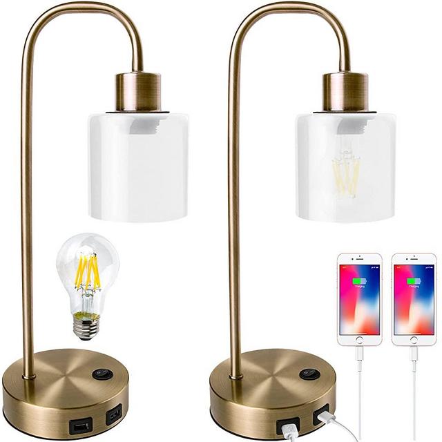 Gold Industrial Table Lamps for Bedrooms Set of 2, Elizabeth Vintage Bedside Lamp with USB Port, BrassMetal Nightstand Lamp,Modern Desk Lamp with Dimmable Edison-Bulb,GlassShade for Living Room,Office