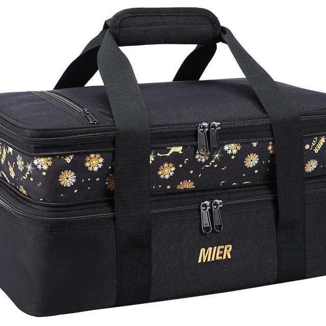 MIER Insulated Double Casserole Carrier Bag for Lasagna Lugger, Potluck Parties, Picnic, Beach, Fits 9 x 13 Inches Baking Dish, Casserole Dish, Expandable, Black