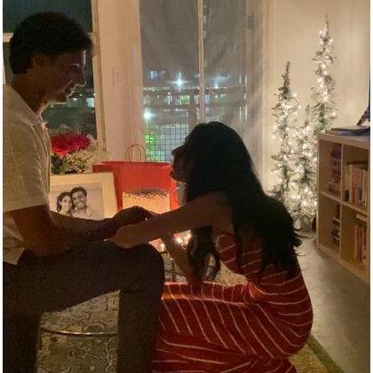 We took exactly *zero* photos of proposal day, but here's a still. Tarun recruited Maya's friends (shoutout Biz and Ryan) to throw her off the scent. It worked - Maya was very surprised!