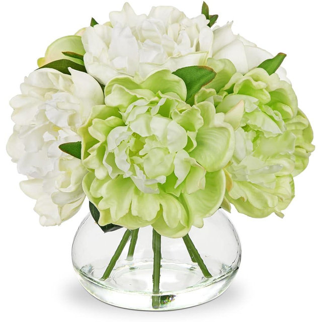Hollyone White and Green Peonies Artificial Flowers with Vase Faux Flowers Peony Fake Flowers Silk Flower Arrangements in Glass Vase with Faux Water for Bathroom Table Centerpiece Shelf Home Decor