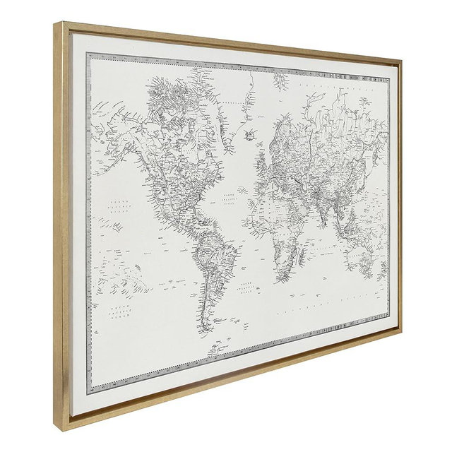 Kate and Laurel Sylvie Vintage Black and White World Map Framed Canvas Wall Art by The Creative Bunch Studio, 28x38 Gold, Modern Chic Map Wall Décor