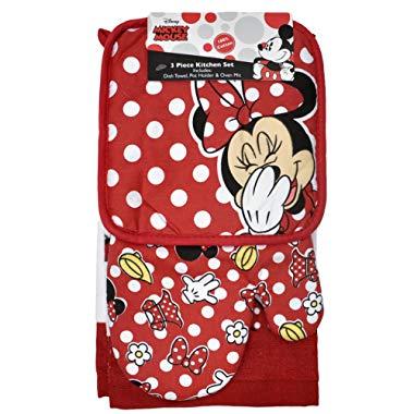 Disney Oven Mitt Pot Holder & Dish Towel 3 pc Kitchen Set (Minnie Mouse Red)