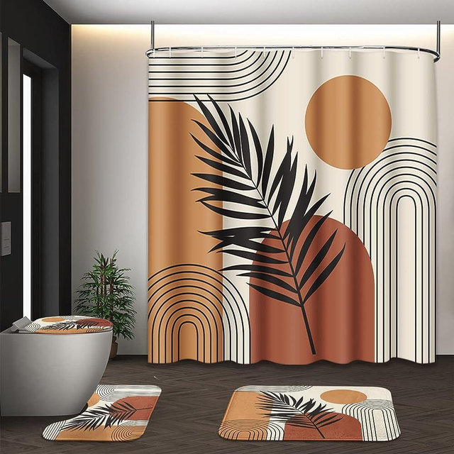 Tayney Mid Century Bohemian Shower Curtain Set with Toilet Lid Cover and Non-Slip Rugs, Abstract Sun Plants 4 Pcs Shower Curtain for Bathroom, Minimalist Vintage Brown Beige Bathroom Decor
