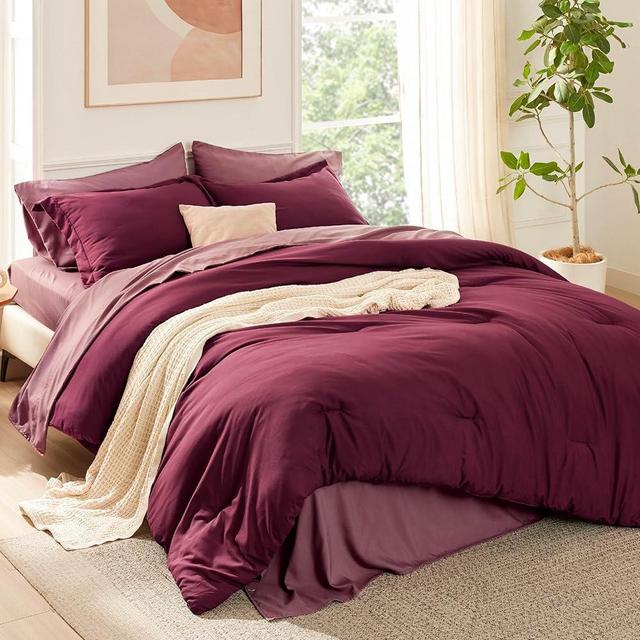 Bedsure Queen Comforter Set - 7 Pieces Burgundy Queen Bedding Set for All Seasons, Boho Contrasting Design Bed in a Bag with Comforter, Sheets, Pillowcases & Shams