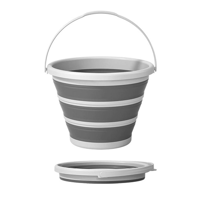 GRONIVEX Collapsible Bucket with Handle, 2.6 Gallon Foldable Water Bucket for Car Wash, Cleaning, Camping and Outdoor, Gray and White