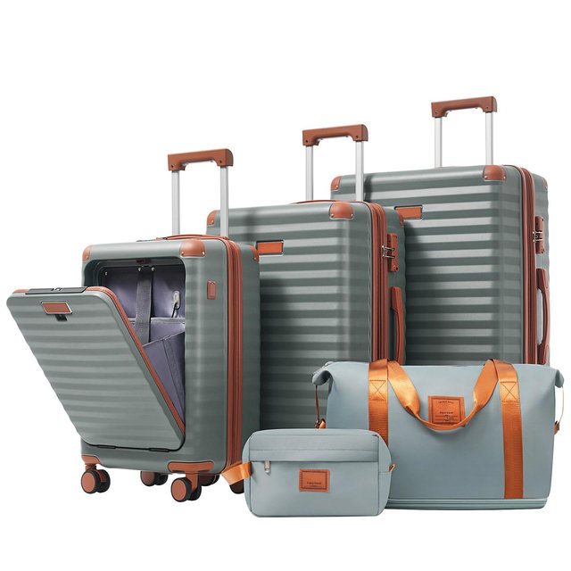 Merax 5-Piece Expandable Hardside Luggage Set with USB Port, Duffel Bag and Toiletry Bag, Blue+Grey