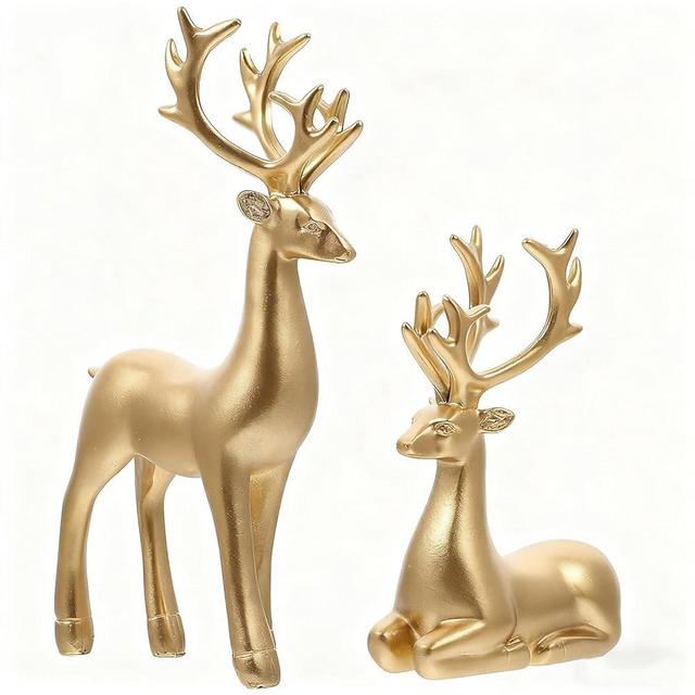 Awleynz 2Pcs Christmas Reindeer Figurines, Resin Reindeer Sculpture, Gold Elk Statues Decor for Living Room Bedroom Bathroom Bookshelf Office Desktop Cabinets (Gold, S)