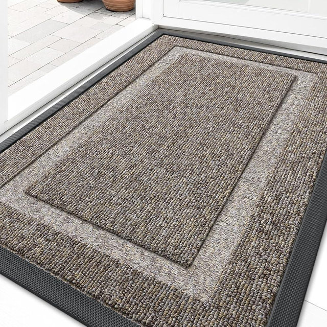 OLANLY Front Door Mat Indoor Outdoor Entrance, Waterproof All-Season, All-Weather Doormat, Sturdy Natural Rubber, Low Profile, Easy Clean Patio Porch Entryway Mat, 29.5x17, Khaki and White