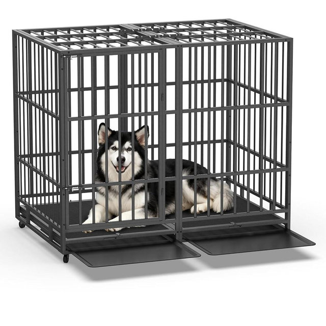 Hiwokk 54 Inch Heavy Duty Dog Crate, Indestructible Escape-Proof Dog Kennel for High Anxiety Large Dogs, Strong Metal Pet Cage with Double Doors, Lockable Wheels & Removable Tray, XL XXL XXXL