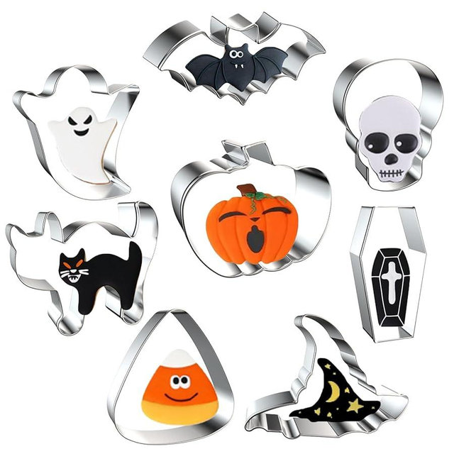 Halloween Cookie Cutter Set - 8 Piece - Pumpkin, Ghost, Bat, Scared Cat, Skull, Coffin, Candy Corn, Witch's Hat - Stainless Steel