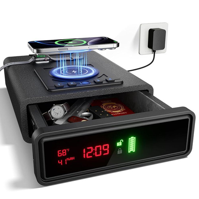 Biometric Smart Safe with Wireless Charging for Phone and Watch, 3 Quick Access Stopbox with Fingerprint Backlit Keypad - Compact Nightstand Drawer with LED Light, 24/7 Digital Clock, Bedside, Office