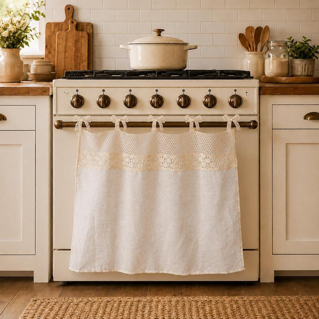HonorHut Oven Curtain Tie Top Country Decorative Stove Curtain Rustic Oven Skirt with Lace Trim & 5 Ribbon Ties for Cottage Kitchen Decor A