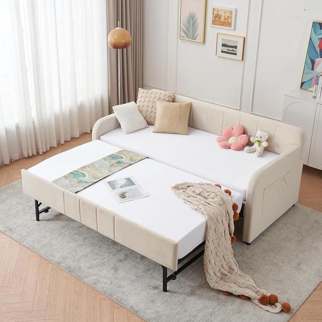 Twin to King Daybed with Trundle, USB Ports, Velvet Upholstered Daybed with Pop Up Trundle Bed, Modern Extendable Day Bed Frame for Kid Adult Bedroom Living Room Guest Room Small Places Beige