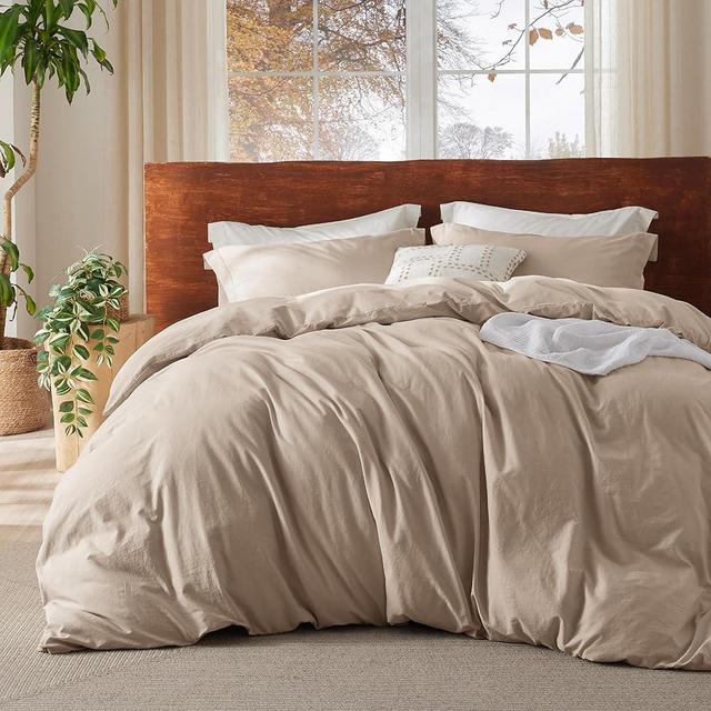 Bedsure 100% Washed Cotton Duvet Cover Oversized King - Warm Sand Minimalist Duvet Cover Linen Like - GentleSoft™ Plain Simple Bedding Set with 2 Pillow Shams (Warm Sand, Oversized King, 120"x98")
