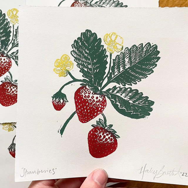 Strawberries Original Multicolor Linocut Print | Botanical Color Block Print | Colorful Strawberry Relief Art Print 6x6