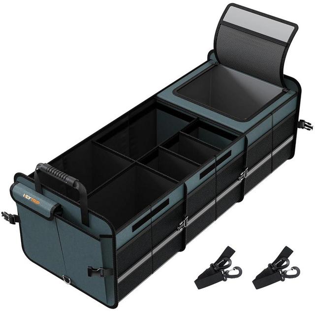 HEYTRIP Large Trunk Organizer With Built-in Leakproof Cooler Bag, 2 Tie-Down Straps, 4 Removable Dividers, Foldable Cover, Built with 2mm PE Board, Gray