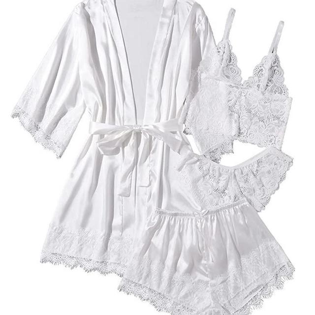 WDIRARA Women's 4 Pieces Satin Floral Lace Cami Top Lingerie Pajama Set with Robe