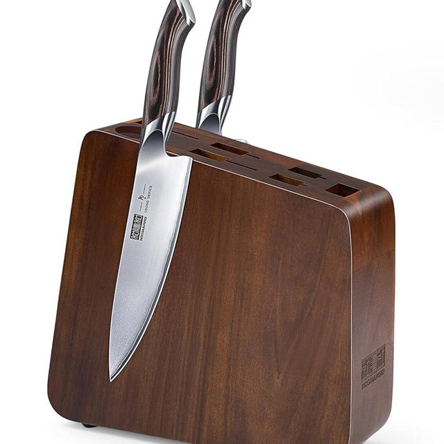 HOSHANHO Magnetic Knife Block 10 x 9 Inches, Double Sided Magnetic Knife Holder and Kitchen Knife Organizer Storage, 7 Slots Acacia Wood Universal Knife Block for Chefs