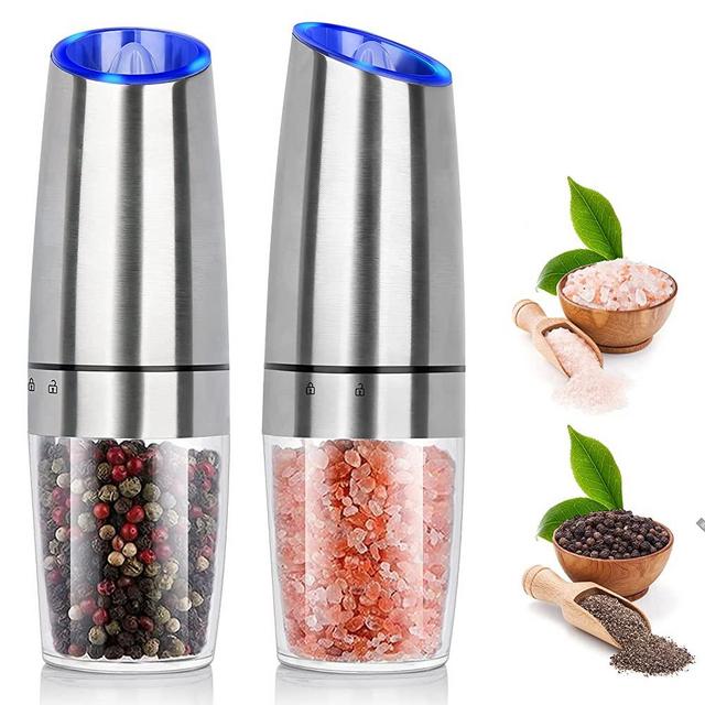 Salt and Pepper Grinder Electric Gravity Grinder, BESTORE Refillable Automatic One-Hand Operated Pepper and Salt Mill Set with Adjustable Coarseness and LED light, Battery-Operated 2 Pack (Silver)