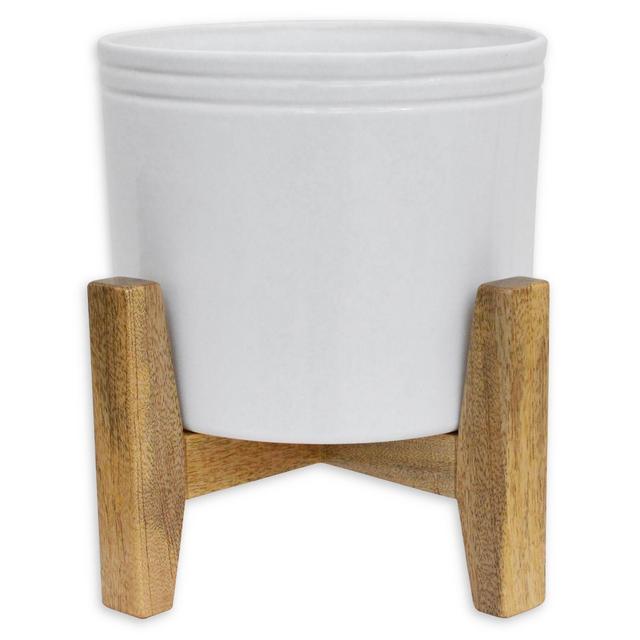 Muir 8.4-Inch Planter with Acacia Stand in White