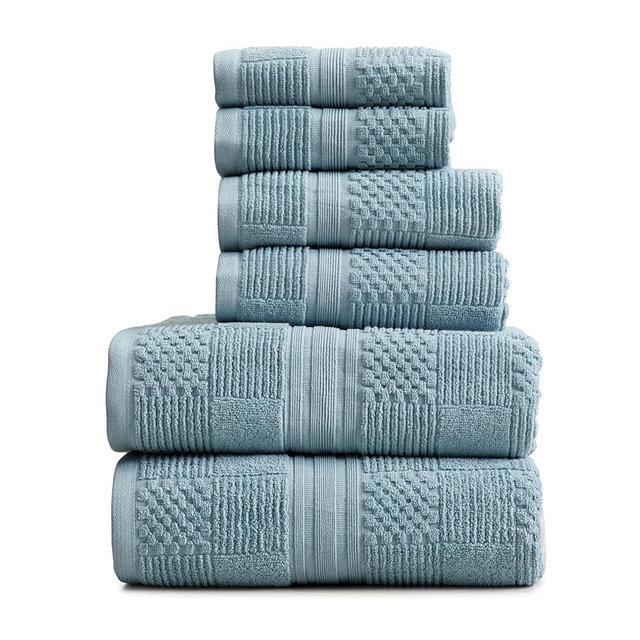 Springtree Home 100% Cotton Bathroom Towel Set | 6 Piece Set - Blue Towels | Geometric Textured Design | Absorbent & Quick-Dry | Oeko-TEX® Standard 100 Cotton | Myla Collection - Arona Blue