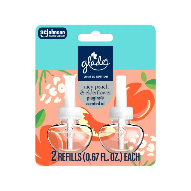 Glade PlugIns Scented Oils Air Freshener Refills - Juicy Peach & Elderflower - 2ct/1.34oz: Spring, Paraben-Free, Electric