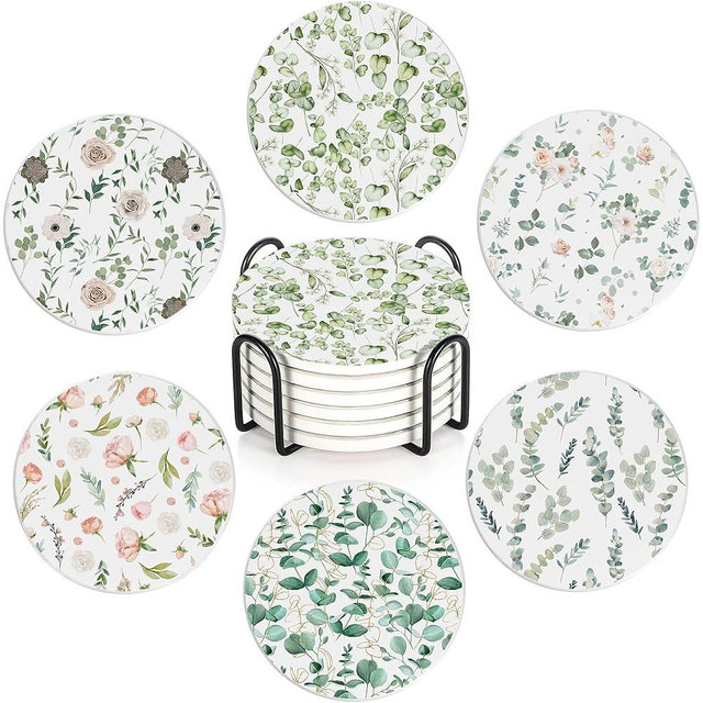 Table Coaster for Drinks Set of 6, Eucalyptus Leaf Flower Watercolor Round Ceramic Coasters,with Cork Base and Metal Holder,Great Housewarming Birthday Gifts,Home Decor