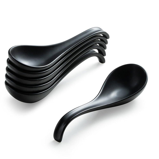 Gomakren Asian Soup Spoons, 6.5 Inch Ceramic Chinese Soup Spoons for Cereal, Ramen, Pho, Noodles, Stews, Halloween Black Kitchen Spoons with Long Handle and Deep Oval Design - Set of 6