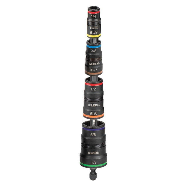 Klein Tools 32934 Impact Driver, 9-in-1 SAE Impact Socket Set, 4 Flip Sockets with 1/4, 5/16, 3/8, 7/16, 1/2, 9/16, 5/8, and 3/4-Inch Nut Driver Sizes with Bit Holder, 6-1/2-Inch Shaft