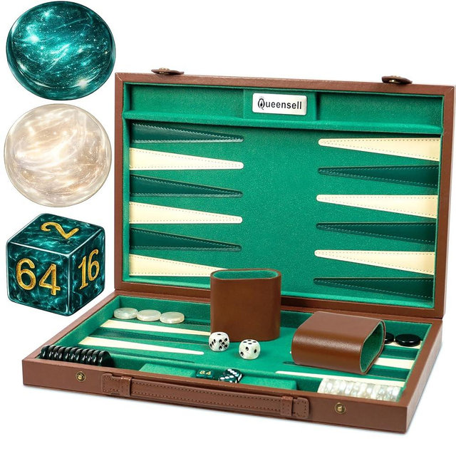 Premium 15 Inch Backgammon Set for Adults – Classic Faux Suede Leather Backgammon Board with 32 Chips, Dice Cups & Doubling Cube