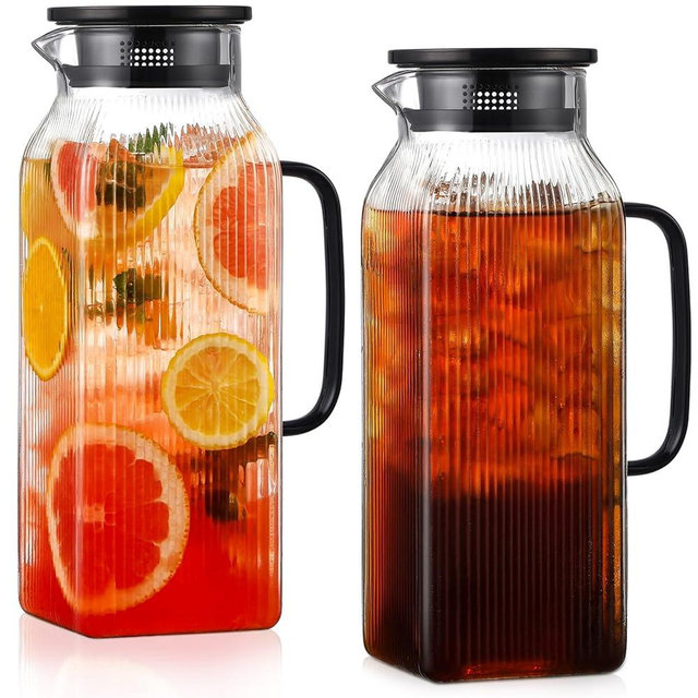 2 Pack 2 Liter/68 oz Square Glass Pitcher with Lid, Classic Stripes Water Pitchers with Handle for Fridge, Large Jug for Iced Tea, Coffee, Borosilicate Glass Carafe for Hot/Cold Brew Drink, Black