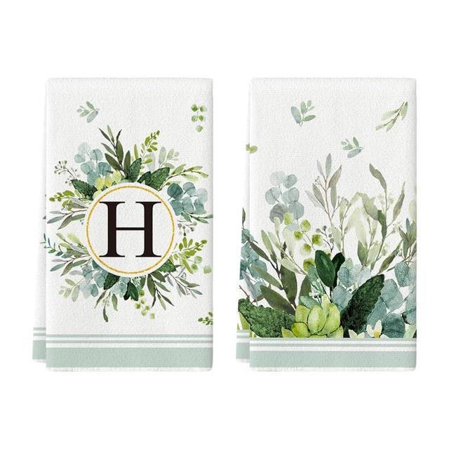 Artoid Mode Monogram Letter H Eucalyptus Leaves Kitchen Towels Dish Towels, 18x26 Inch Family Last Name Decoration Hand Towels Set of 2