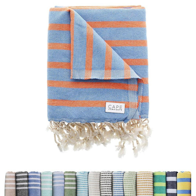 Cape Comforts Large Turkish Beach Towel, Striped Denim Blue & Orange - 37'' x 67'' - Super Soft & Lightweight - Quick Dry Sand Free Travel Towels for Beach or Bath - Gifts