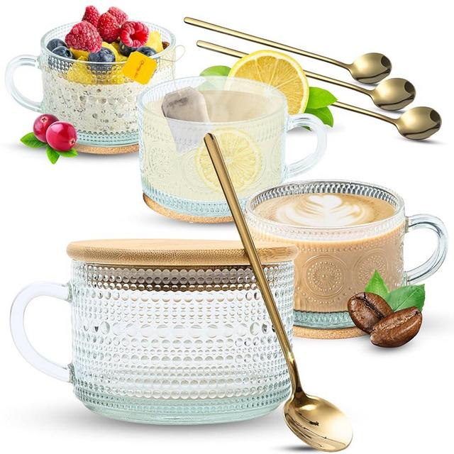 Vintage Glass Coffee Mugs (4Pcs, 14oz), Overnight Oats Containers with Lids and Spoons, Clear Embossed Glass Cups | Coffee Bar Accessories, Gifts for Women, Housewarming Gifts, White Elephant Gifts