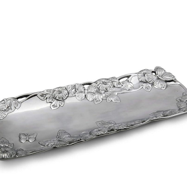 Arthur Court Aluminum Butterfly Small Oblong Tray 19 x 7.5 inch - Handcrafted with Garden Motif, Mirror Finish, Perfect for Entertaining