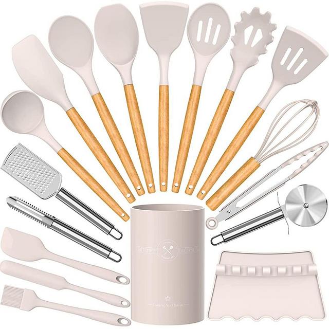 Silicone Cooking Utensils Set-Fungun 18pcs Heat Resistant Kitchen Utensils with Holder,Turner, Spatula, Pizza Cutter, Graters. Wooden Handles, Khaki Kitchen Gadgets Tools Set for Nonstick Cookware