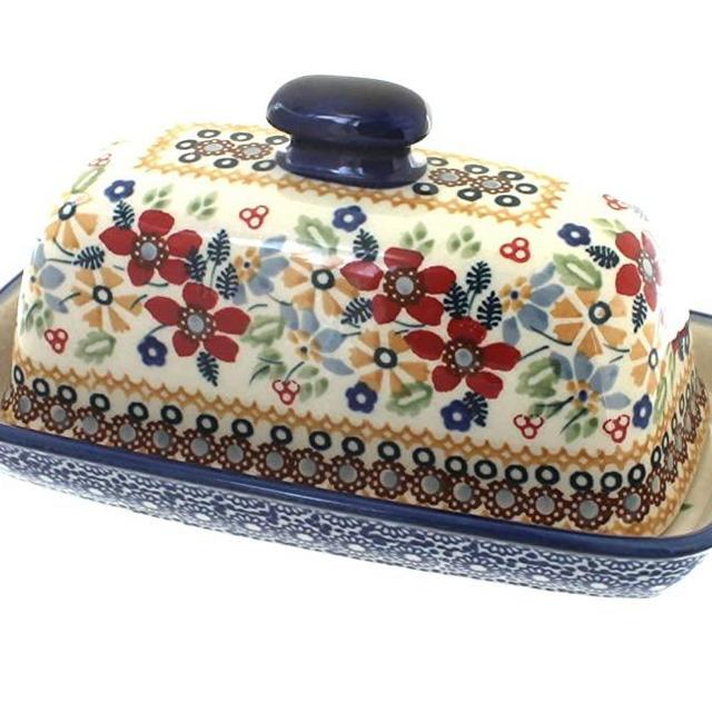 Blue Rose Polish Pottery Red Daisy Butter Dish