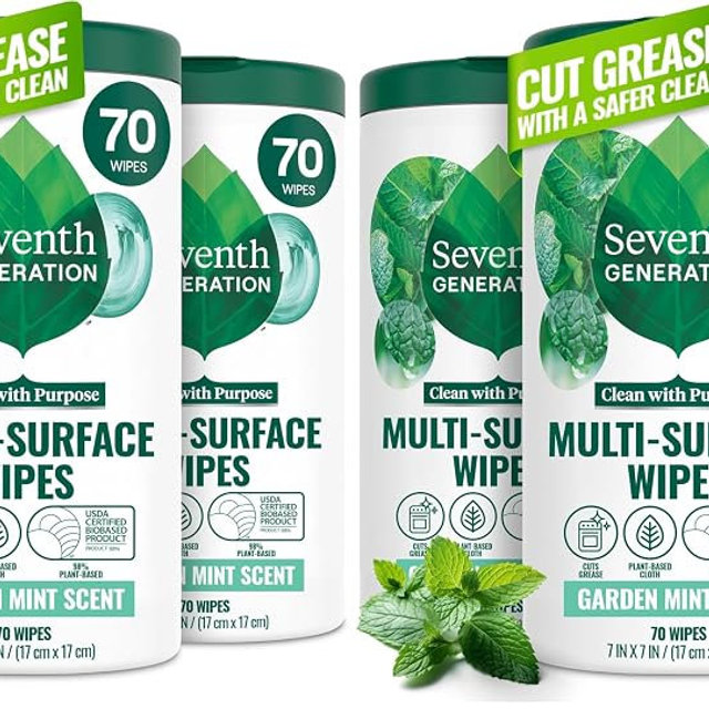 Seventh Generation Multi-Surface Wipes, Garden Mint, Plant-Based Cleaning Wipes, No Harsh Fumes or Residue, Safe Around Kids, 70 Count (Pack of 6)