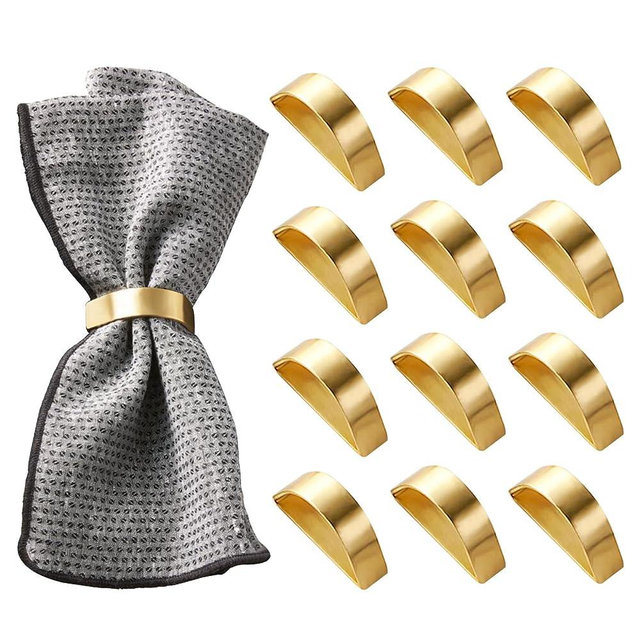 Stainless Steel Golden Napkin Rings Set of 12, Modernist Napkin Ring Holder for Wedding, Banquet, Metallic Adornment for Table Settings, Glossy Serviette Buckles Decor (Matte Gold Semicircle)