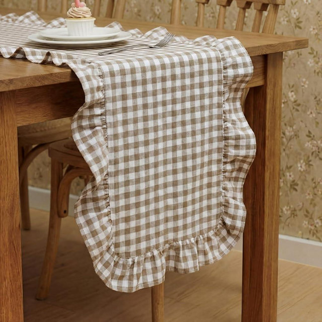 Tegeme Brown Gingham Table Runner 12''x71'' Cotton Ruffle Checkered Plaid Tables Runner Farmhouse Gingham Tablecloth for Home Kitchen Dinner Party Table Decorations (Plaid)